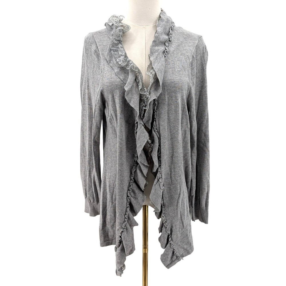 ELLE‎ Ruffle Cardigan Lace Trim Open Front Romantic Lightweight Gray XL